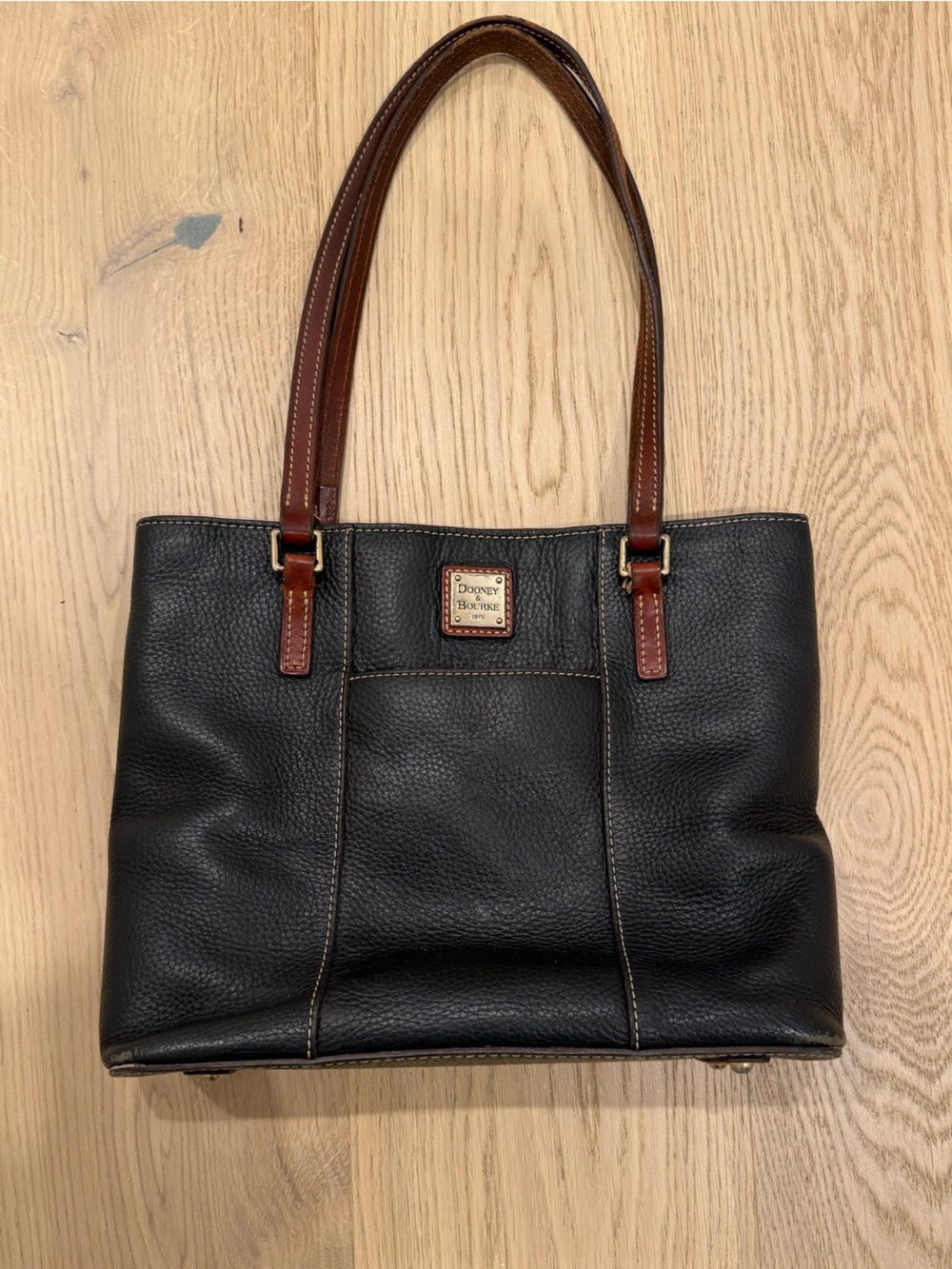 Dooney & Bourke Black Pebbled Leather Shoulder Tote with Brown Handles